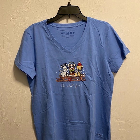 Life Is Good Oh What Fun Dogs Christmas V-Neck Christmas T-Shirt - Picture 1 of 2